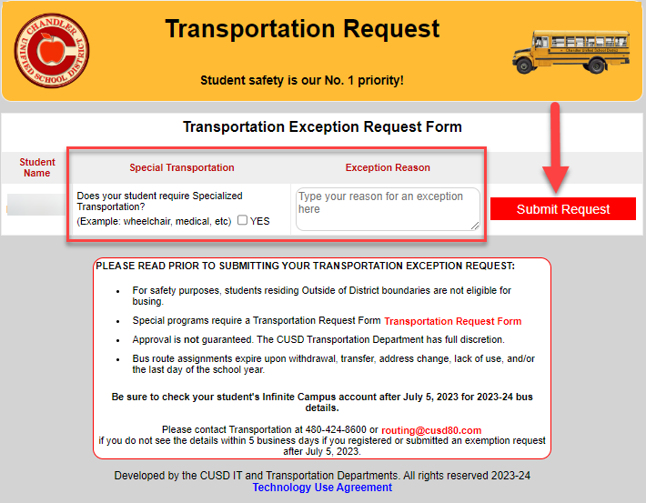 A screenshot of a school bus request formDescription automatically generated